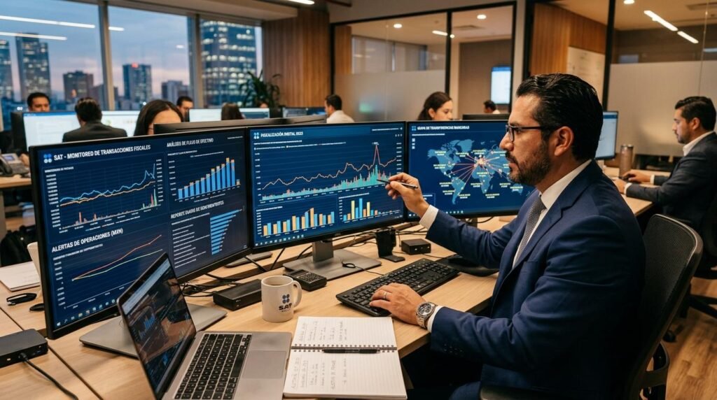 Un profesional mexicano analizando gráficos financieros digitales en múltiples pantallas de computadora en una oficina moderna con iluminación cálida,