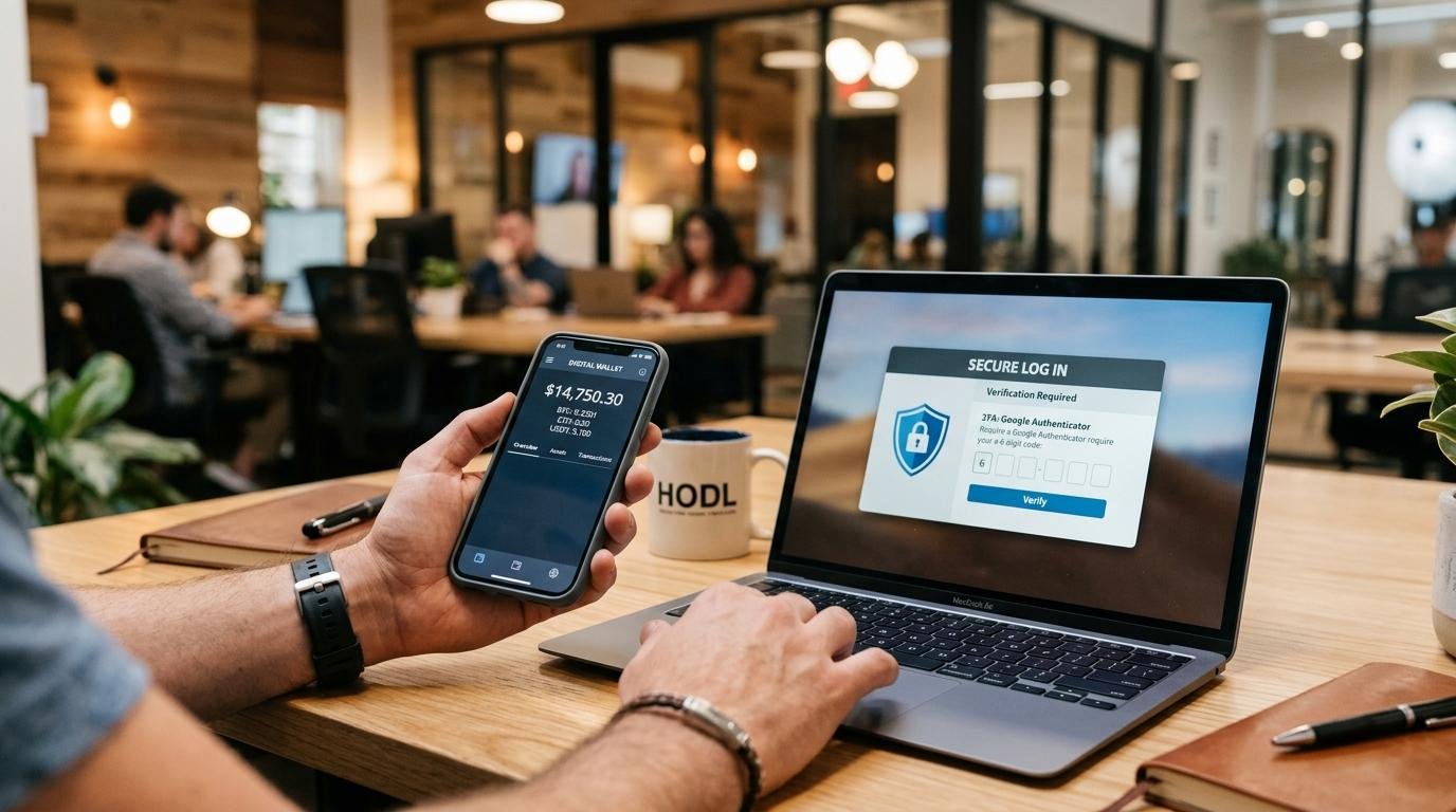 Persona usando laptop y teléfono móvil para iniciar sesión segura con verificación de dos factores en oficina
