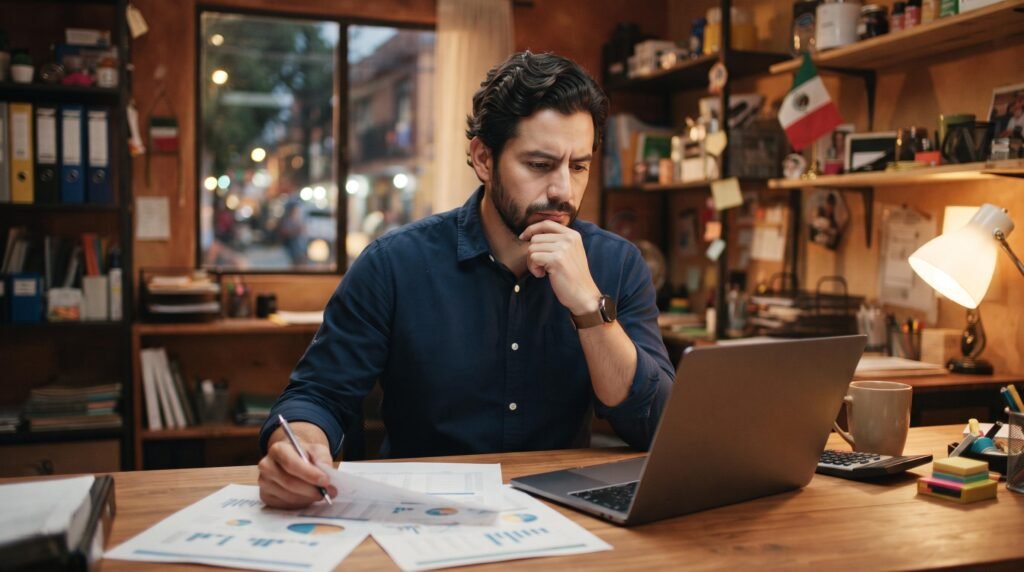 Retrato de un emprendedor mexicano en su pequeña tienda u oficina, analizando documentos financieros con expresión pensativa mientras revisa su laptop