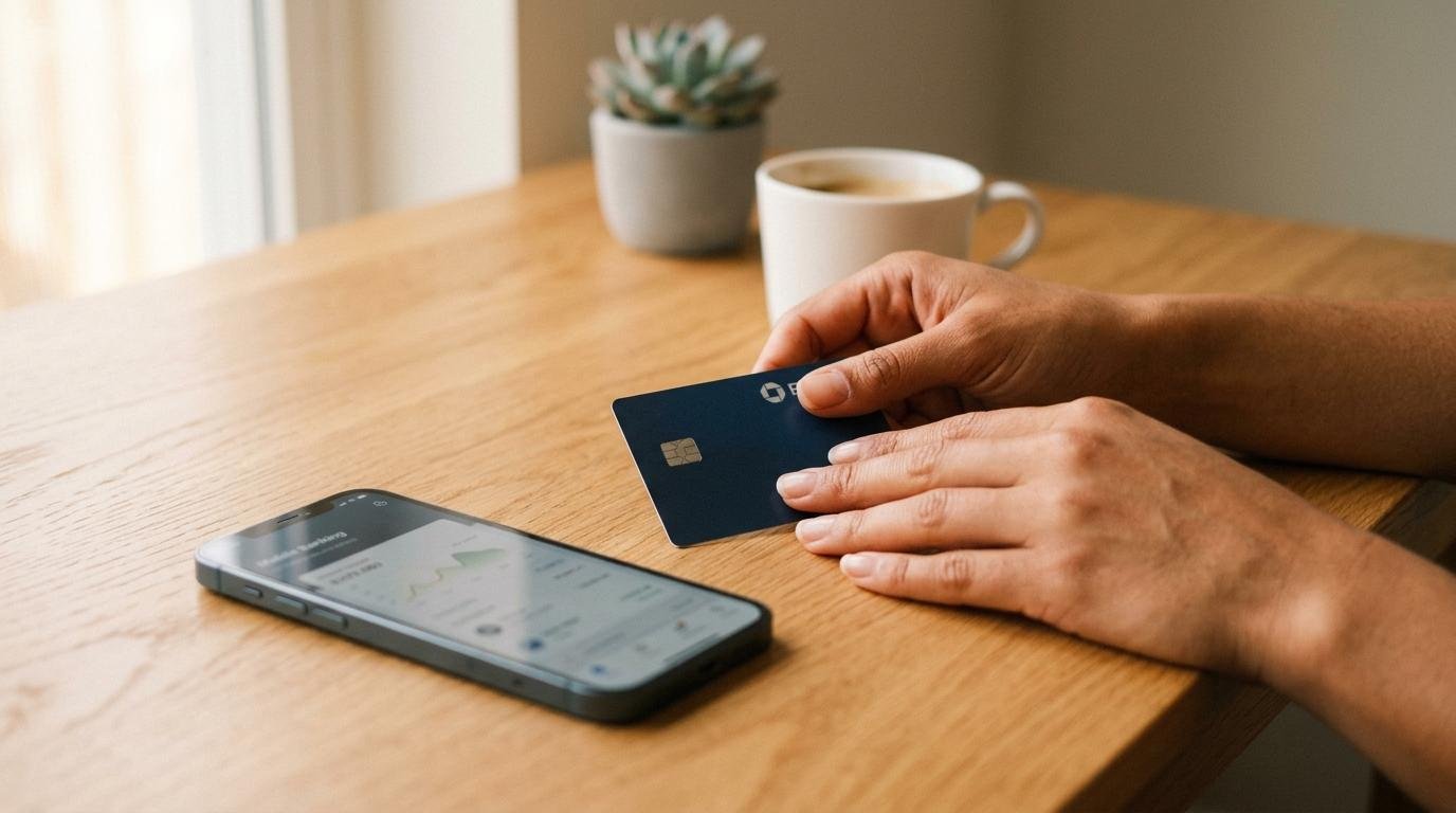 Manos sosteniendo una tarjeta de crédito sobre una superficie de madera junto a un smartphone, en un entorno limpio y minimalista con luz cálida 