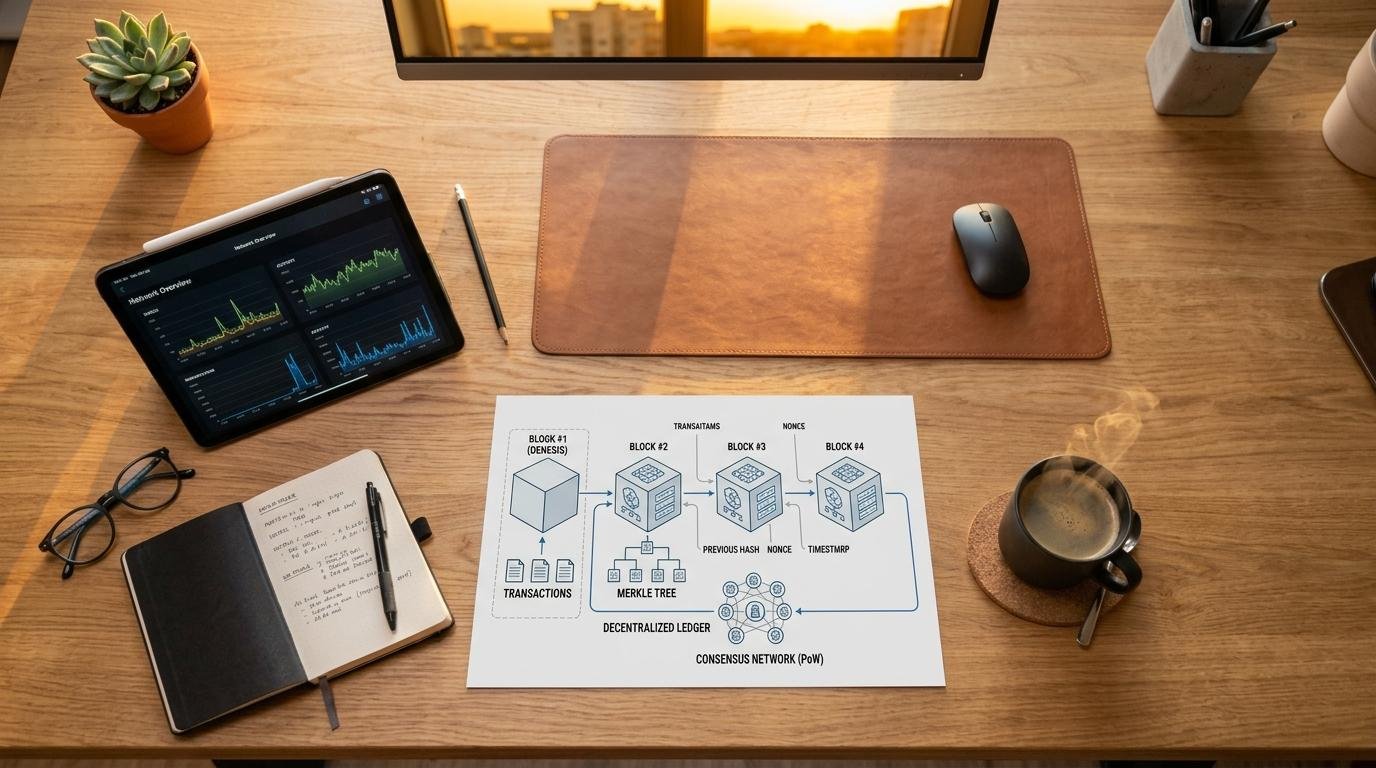 Bitcoin para principiantes: qué saber antes de comprar tu primera criptomoneda 2 Vista superior de una mesa de trabajo limpia con diagramas impresos mostrando bloques conectados entre sí que representan visualmente una cadena
