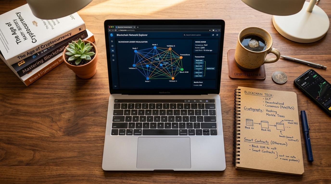  Vista superior de un escritorio organizado con una laptop abierta mostrando gráficos de red, junto a anotaciones y una taza de café, con iluminación cálida 