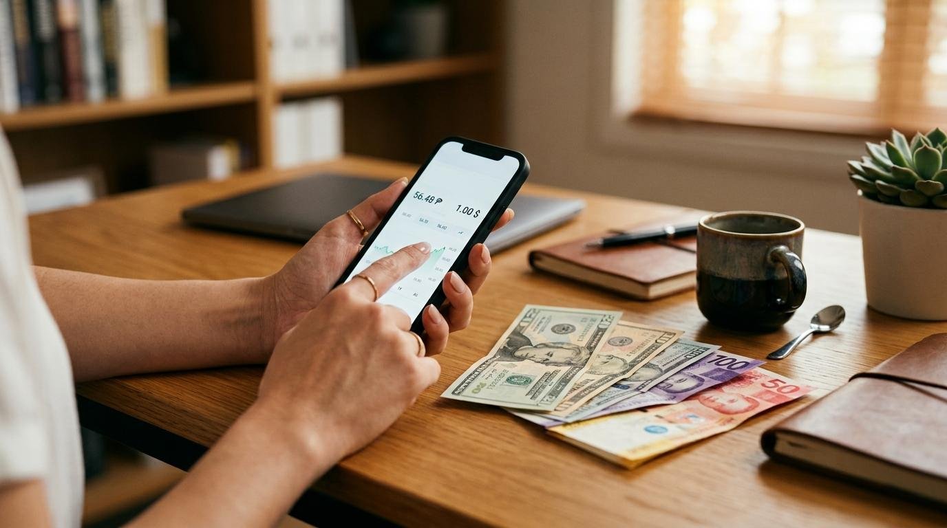Manos revisando una pantalla de teléfono móvil que muestra cotizaciones de tipo de cambio peso dólar junto a billetes de ambas monedas sobre un escritorio
