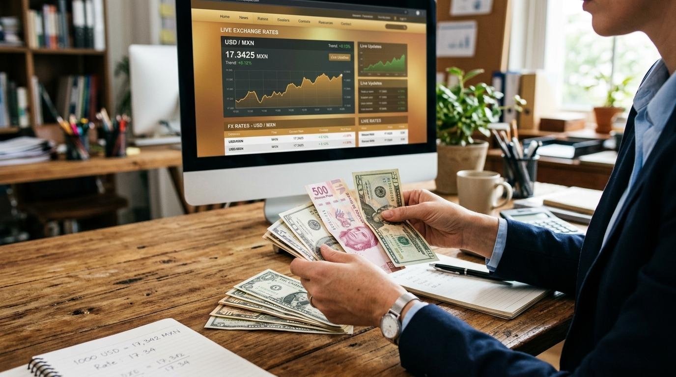 Ventajas y riesgos de tener una cuenta en dólares en México: lo que debes evaluar 2 Persona contando billetes de dólares y pesos mexicanos frente a una pantalla con gráficos financieros