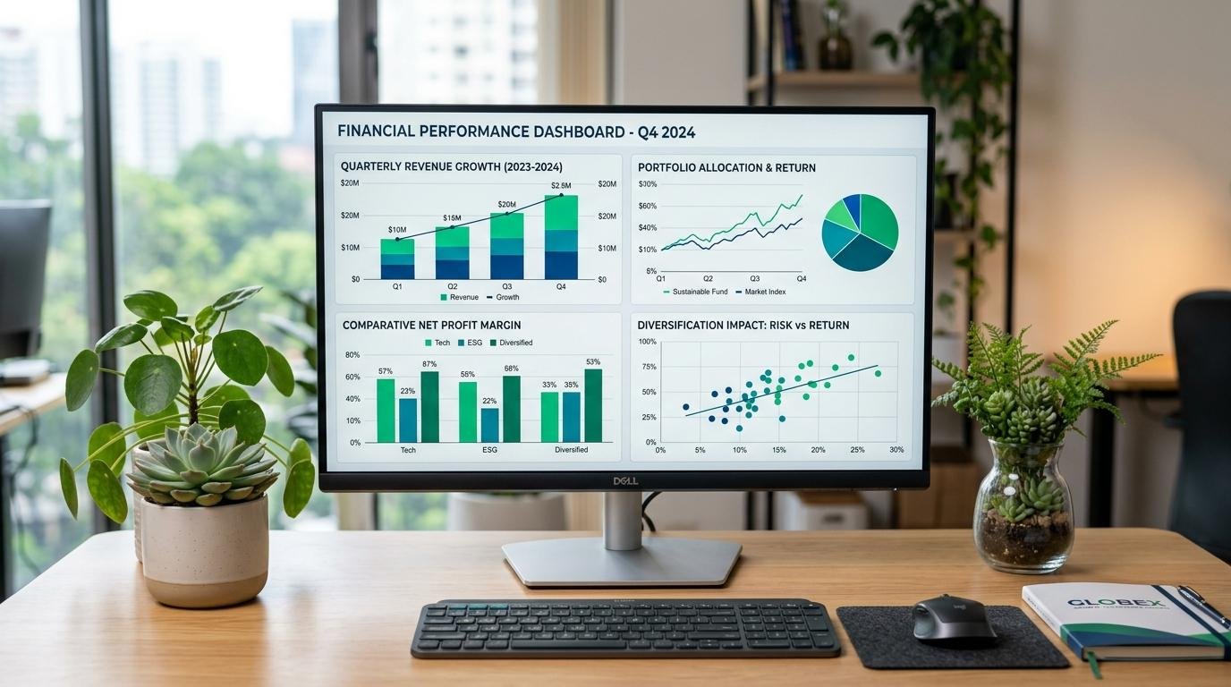Monitor mostrando gráficos financieros en escritorio con teclado, ratón, plantas y cuaderno
