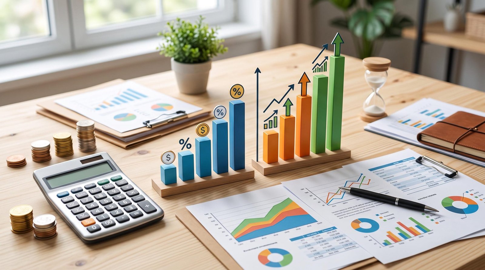 Escritorio con calculadora, monedas apiladas, gráficos de barras ascendentes y documentos financieros sobre mesa de madera clara