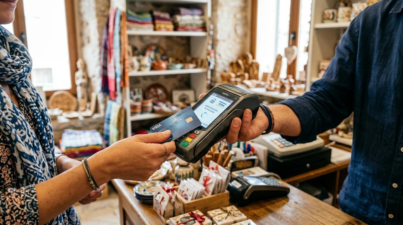 Mejor forma de llevar dinero al extranjero: opciones según tu tipo de viaje 2 Primer plano de manos usando una tarjeta de crédito en un punto de venta en una tienda turística europea, mostrando una transacción en proceso