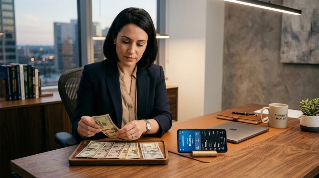 persona contando billetes de dólar sobre una bandeja en un escritorio con teléfono y taza