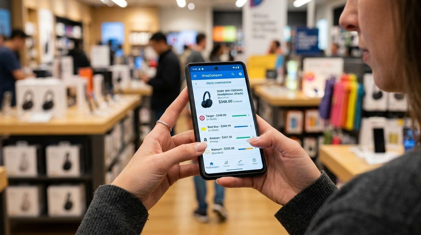 Cómo aprovechar las ofertas del Día del Padre y comprar con estrategia desde México 2 Persona sosteniendo un teléfono móvil mostrando una comparación de precios de auriculares en una tienda