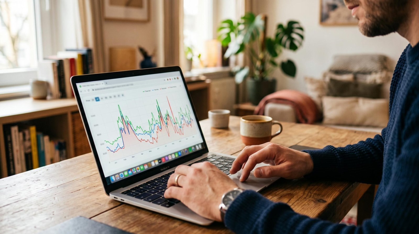 Manos revisando el historial de precios en una laptop, con gráficas de fluctuación de precios visibles en la pantalla, entorno de compra inteligente 
