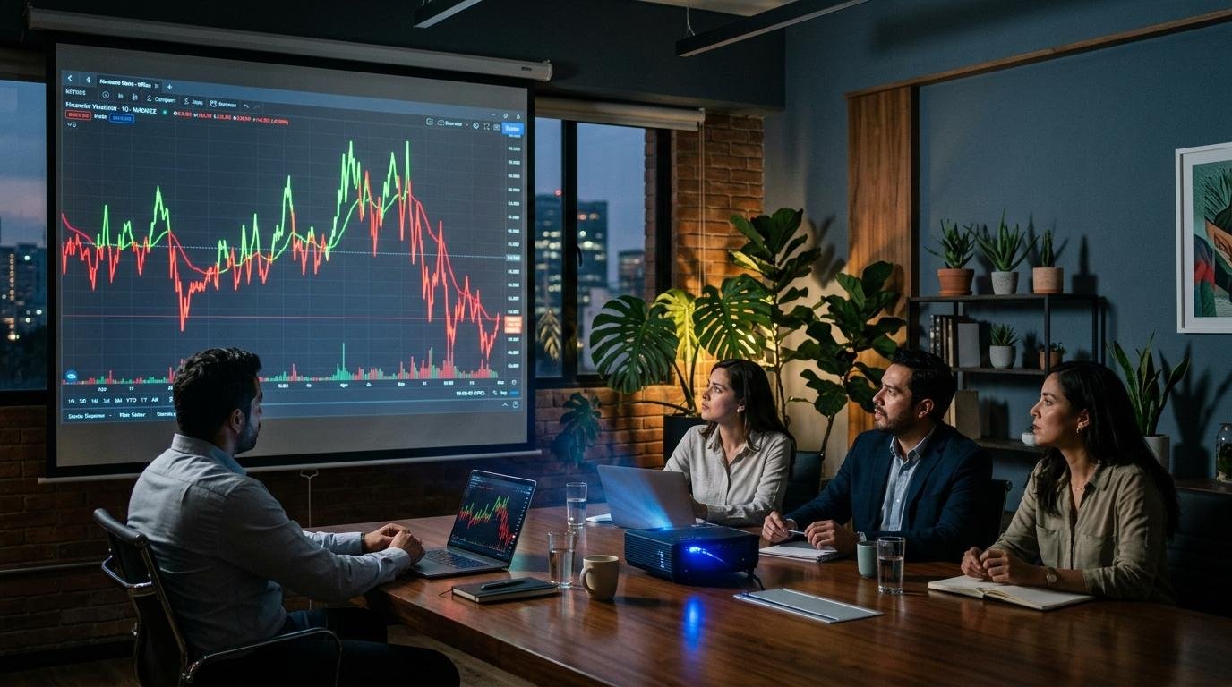 Gráficos financieros con líneas rojas y verdes mostrando fluctuaciones extremas proyectados en una pantalla brillante, ambiente de oficina moderna 