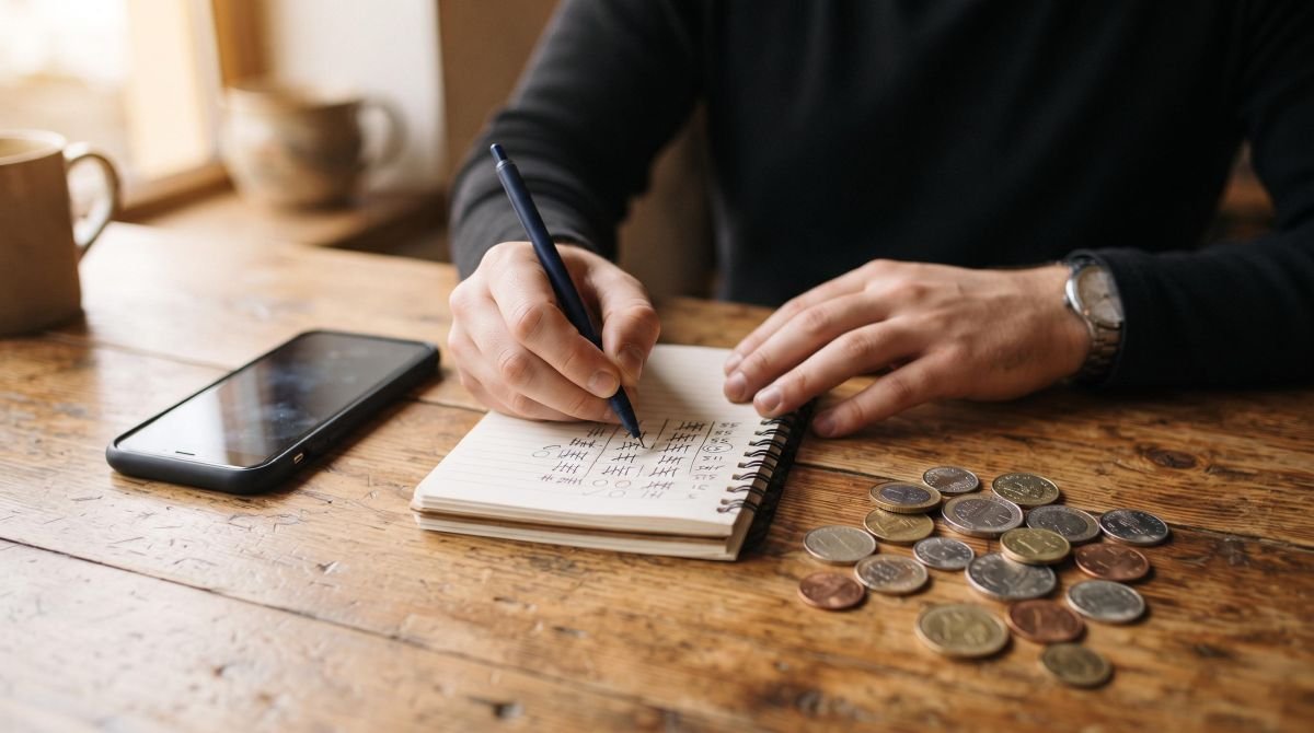Manos de una persona anotando puntos en una libreta junto a un teléfono móvil y monedas de diferentes países, sobre una mesa de madera con tonos cálidos
