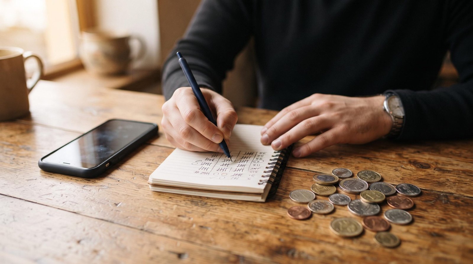 Manos de una persona anotando puntos en una libreta junto a un teléfono móvil y monedas de diferentes países, sobre una mesa de madera con tonos cálid