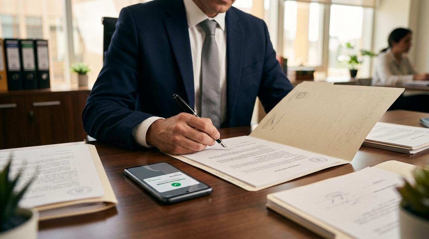 Cómo dar el bono de aguinaldo a tus empleados con Mercado Pago paso a paso 2 Manos de un profesional revisando documentos legales junto a un teléfono que muestra una notificación de transferencia completada, en un entorno de of