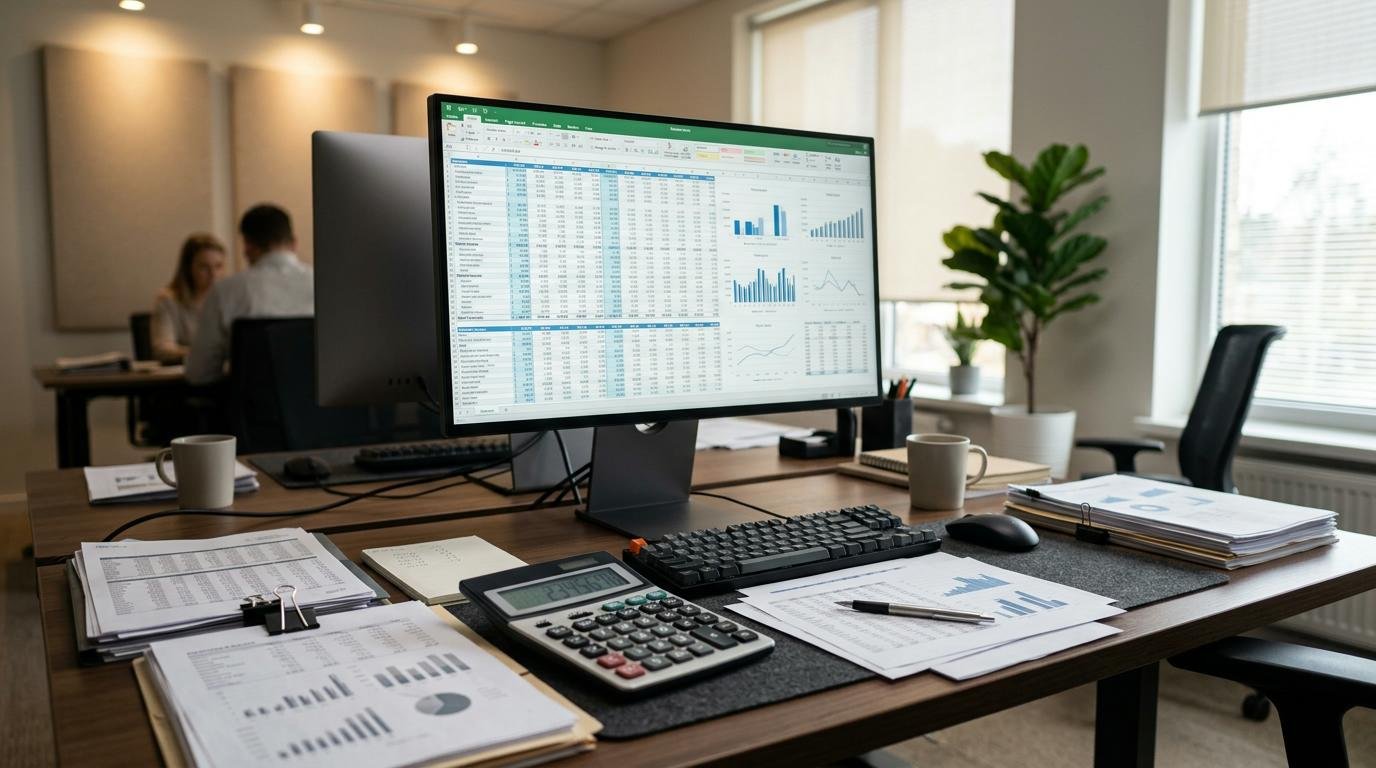 Pantalla de computadora mostrando cálculos financieros con una calculadora profesional y documentos contables organizados sobre un escritorio moderno,