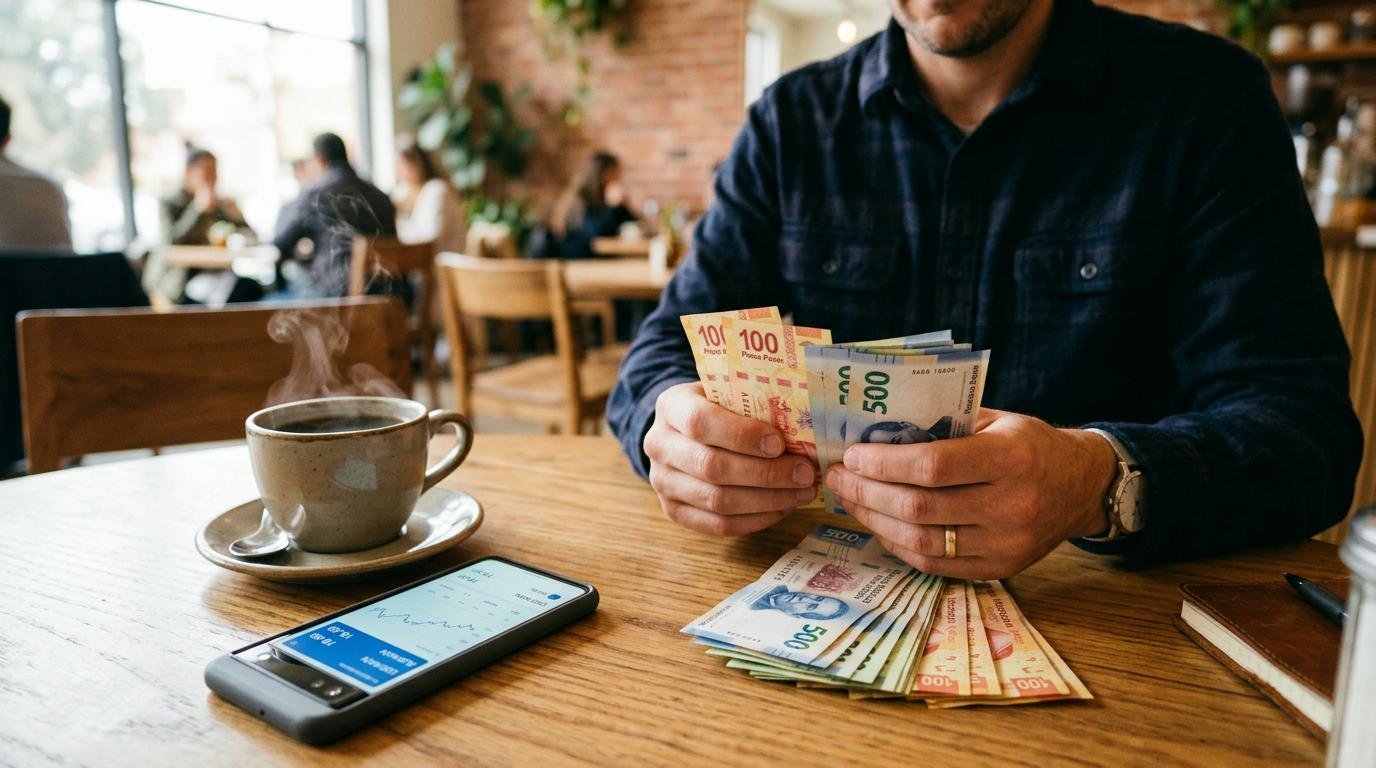 Mejor momento del día para cambiar divisas y aprovechar el tipo de cambio 2 Manos contando billetes de pesos mexicanos junto a una taza de café humeante y un teléfono móvil que muestra una aplicación de cotización de divisas