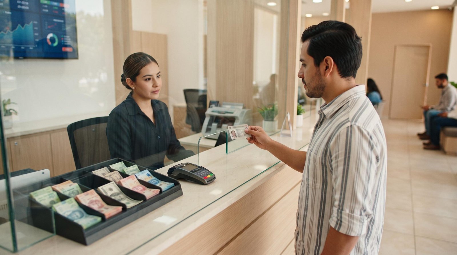 Límites legales para operar con divisas en México: montos, requisitos y regulaciones vigentes 2 Interior de una casa de cambio moderna y limpia en México con un mostrador de atención profesional donde una persona muestra su identificación oficial