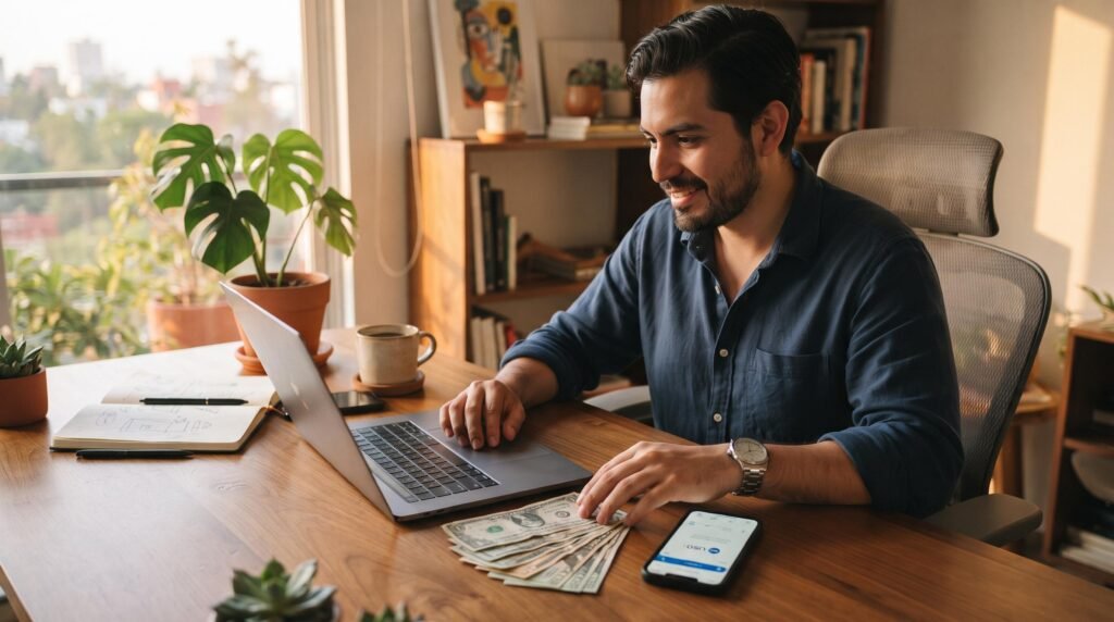 Freelancer mexicano trabajando en su laptop con billetes de dólares y un smartphone mostrando una transferencia recibida, escritorio moderno con tonos