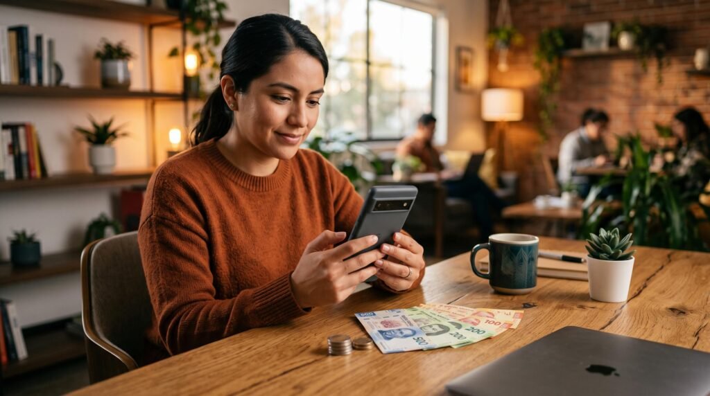 Una persona utilizando una aplicación financiera en su smartphone junto a billetes de pesos mexicanos, con una iluminación cálida y un entorno moderno