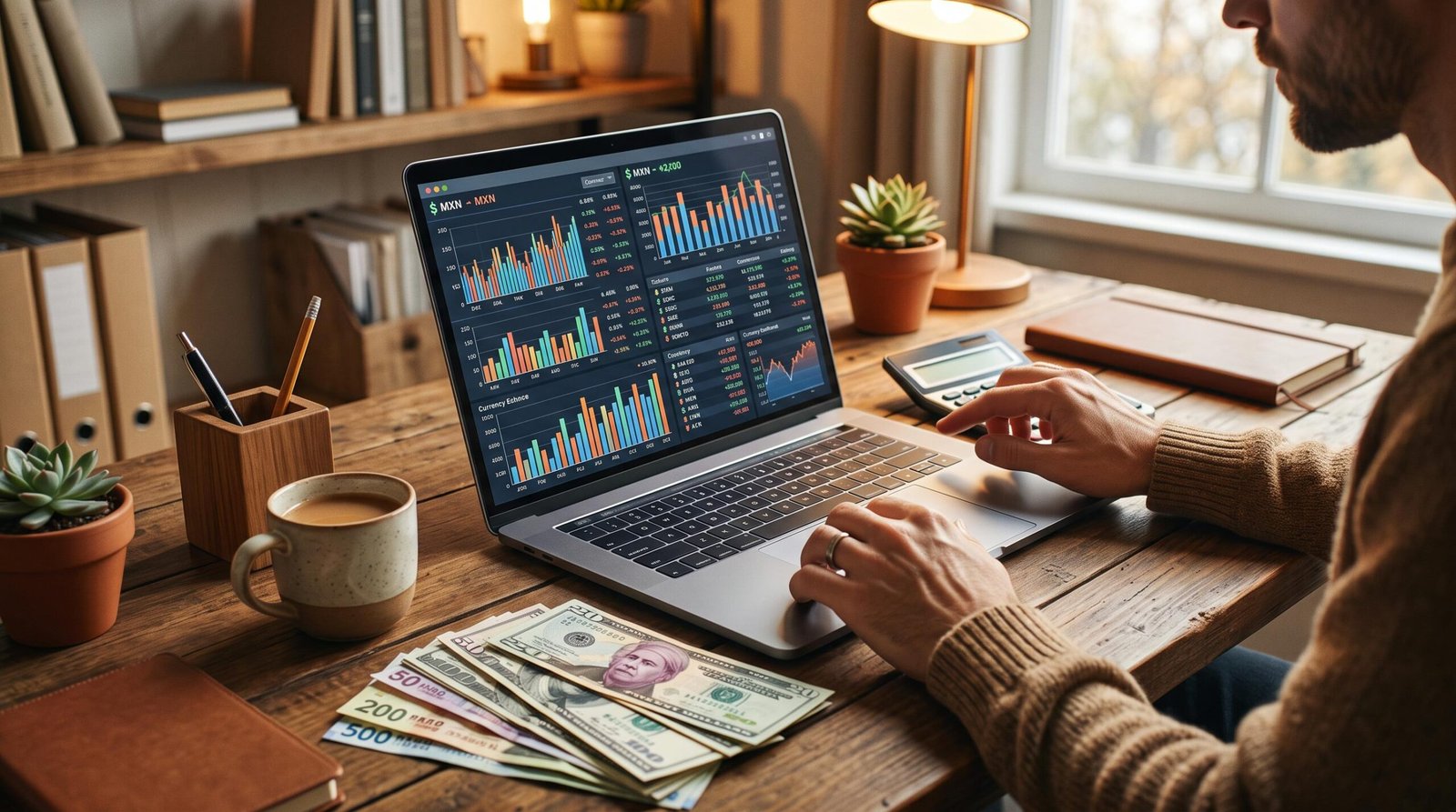 Cómo cobrar en dólares siendo freelancer en México: guía con apps, costos y tips fiscales 2 Manos comparando comisiones y tipos de cambio en una pantalla de laptop, con billetes de dólares y pesos mexicanos sobre el escritorio, entorno de tra