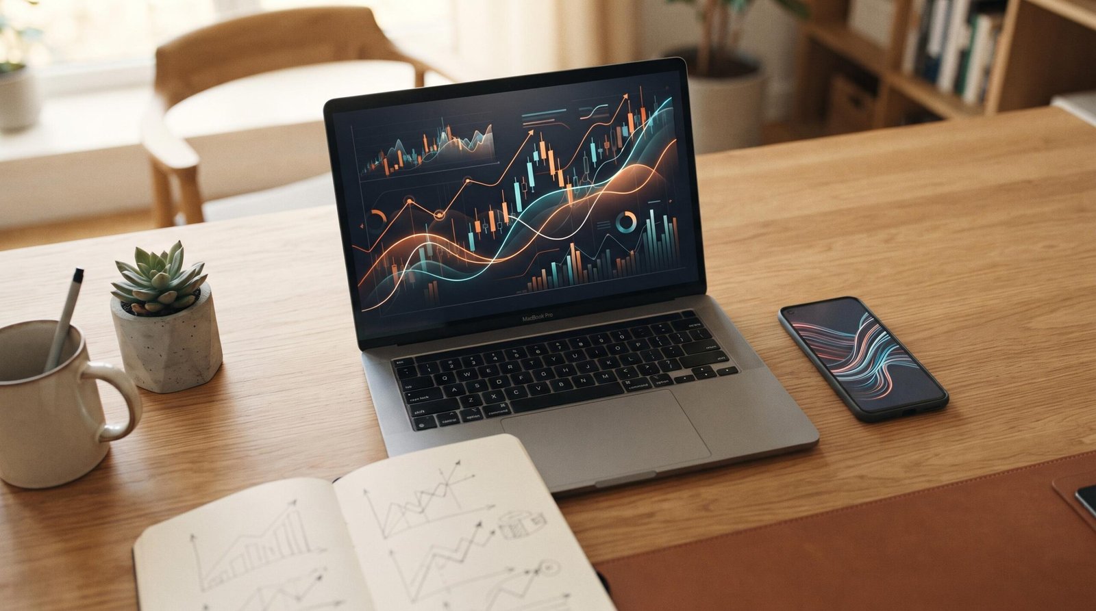Vista superior de un escritorio con una laptop abierta mostrando comparaciones de tipos de cambio, un smartphone y una libreta con anotaciones financi