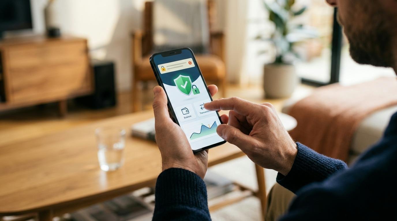Cómo reforzar la seguridad de tu tarjeta paso a paso para prevenir fraudes 1 Manos usando una aplicación bancaria en un teléfono móvil con notificaciones de seguridad activadas en la pantalla, en un entorno moderno y limpio con