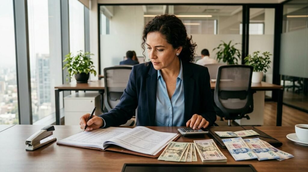 Profesional en una oficina moderna revisando documentos fiscales junto a billetes de dólares y pesos mexicanos sobre un escritorio organizado, con ilu