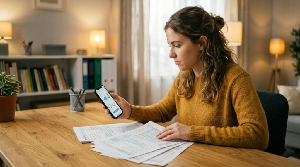 Una persona joven revisa su aplicación bancaria en un smartphone mientras sostiene documentos fiscales sobre una mesa de madera moderna