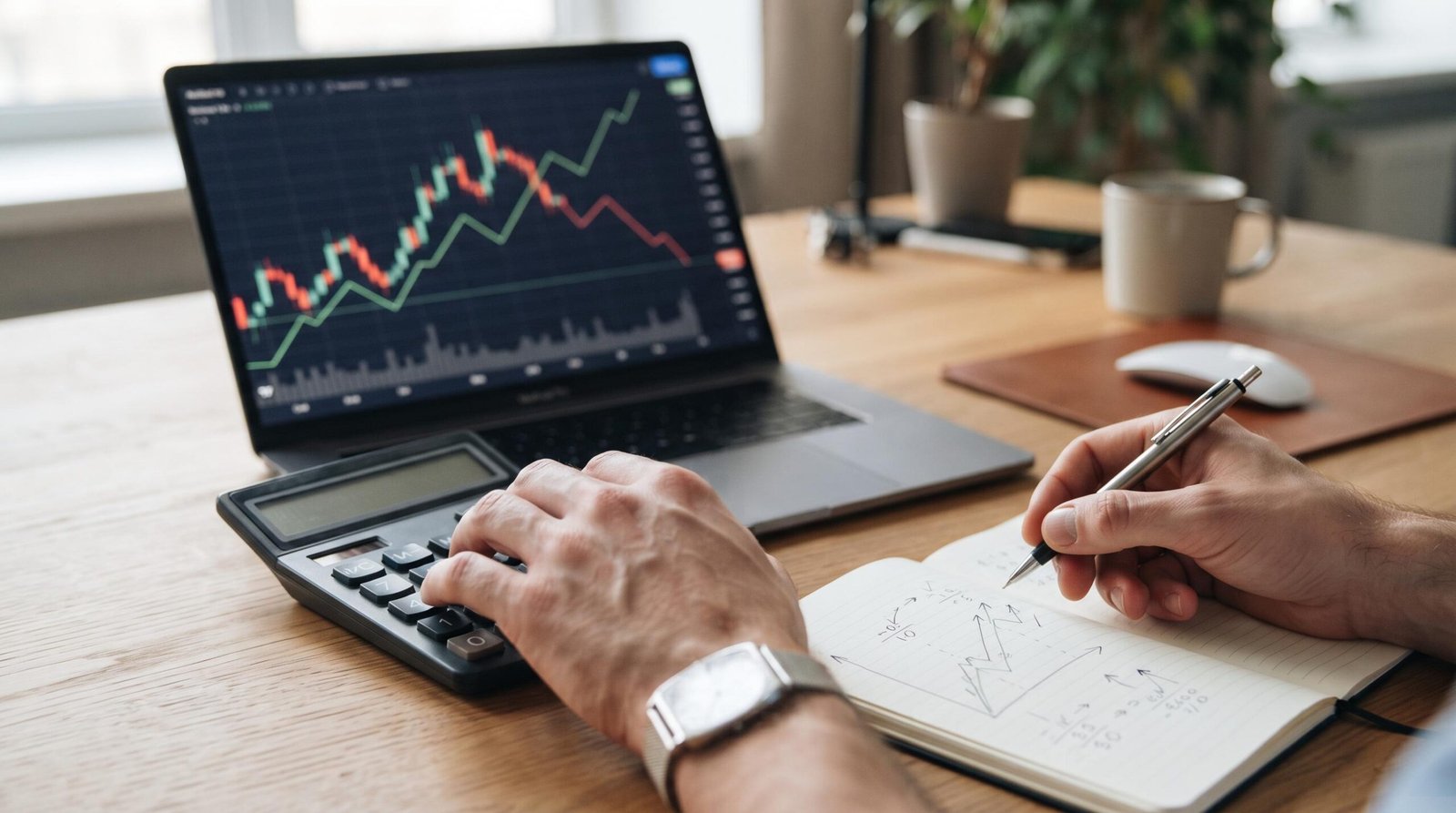 Primer plano de manos calculando la conversión de monedas en una calculadora junto a una laptop abierta, simbolizando la diferencia entre precios de c