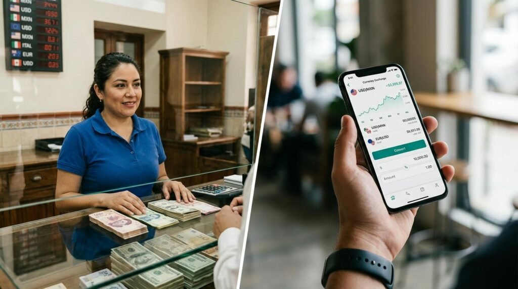 Composición dividida que muestra una sucursal tradicional de casa de cambio en México con mostrador de vidrio y billetes de divisas visibles, junto a