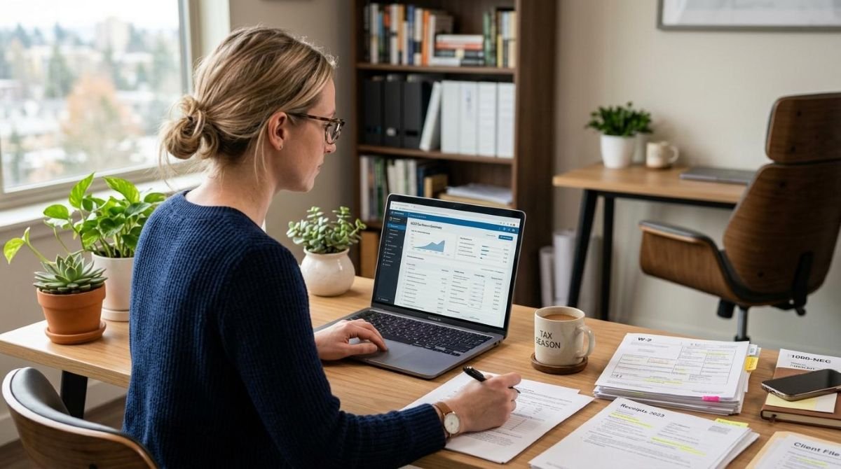 Una persona utiliza una computadora portátil para revisar documentos fiscales digitales mientras tiene a un lado papeles impresos y una taza de café