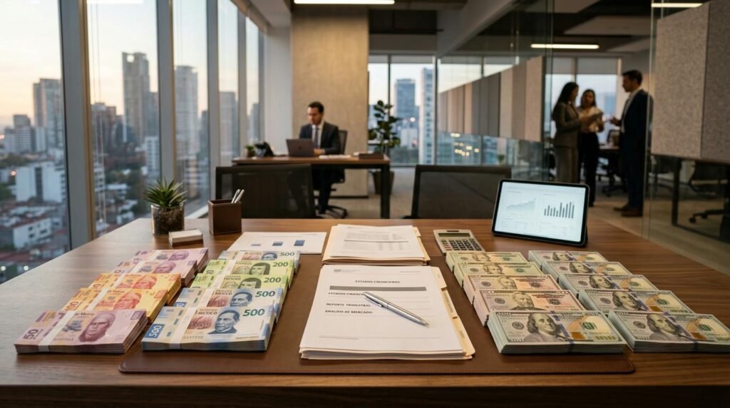 Escena profesional de una oficina financiera moderna en México donde se observan billetes de pesos mexicanos y dólares estadounidenses organizados sob