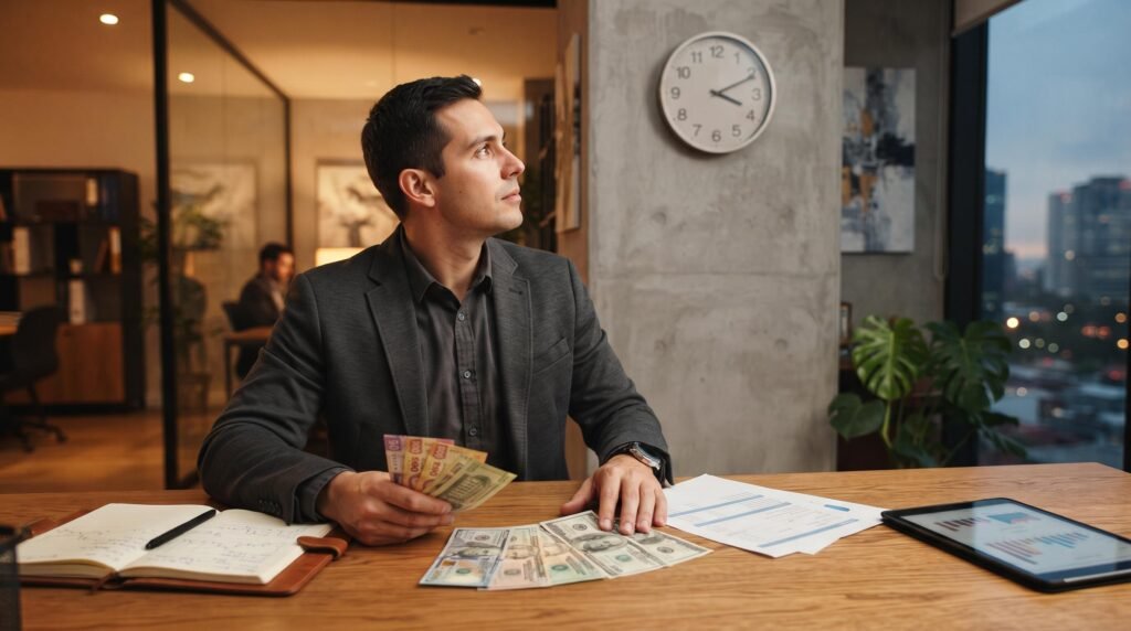 Una persona en una oficina moderna revisando un reloj de pared mientras sostiene billetes de dólares y pesos mexicanos sobre un escritorio de madera