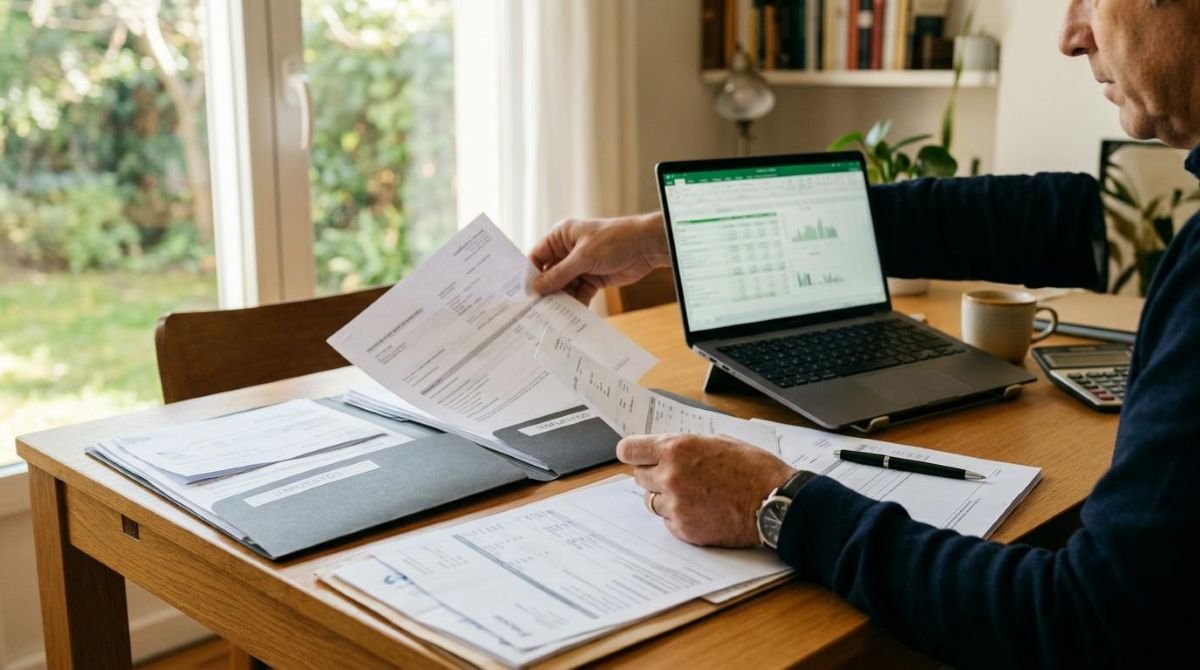 Manos de una persona adulta organizando documentos financieros y estados de cuenta sobre un escritorio limpio con una laptop abierta