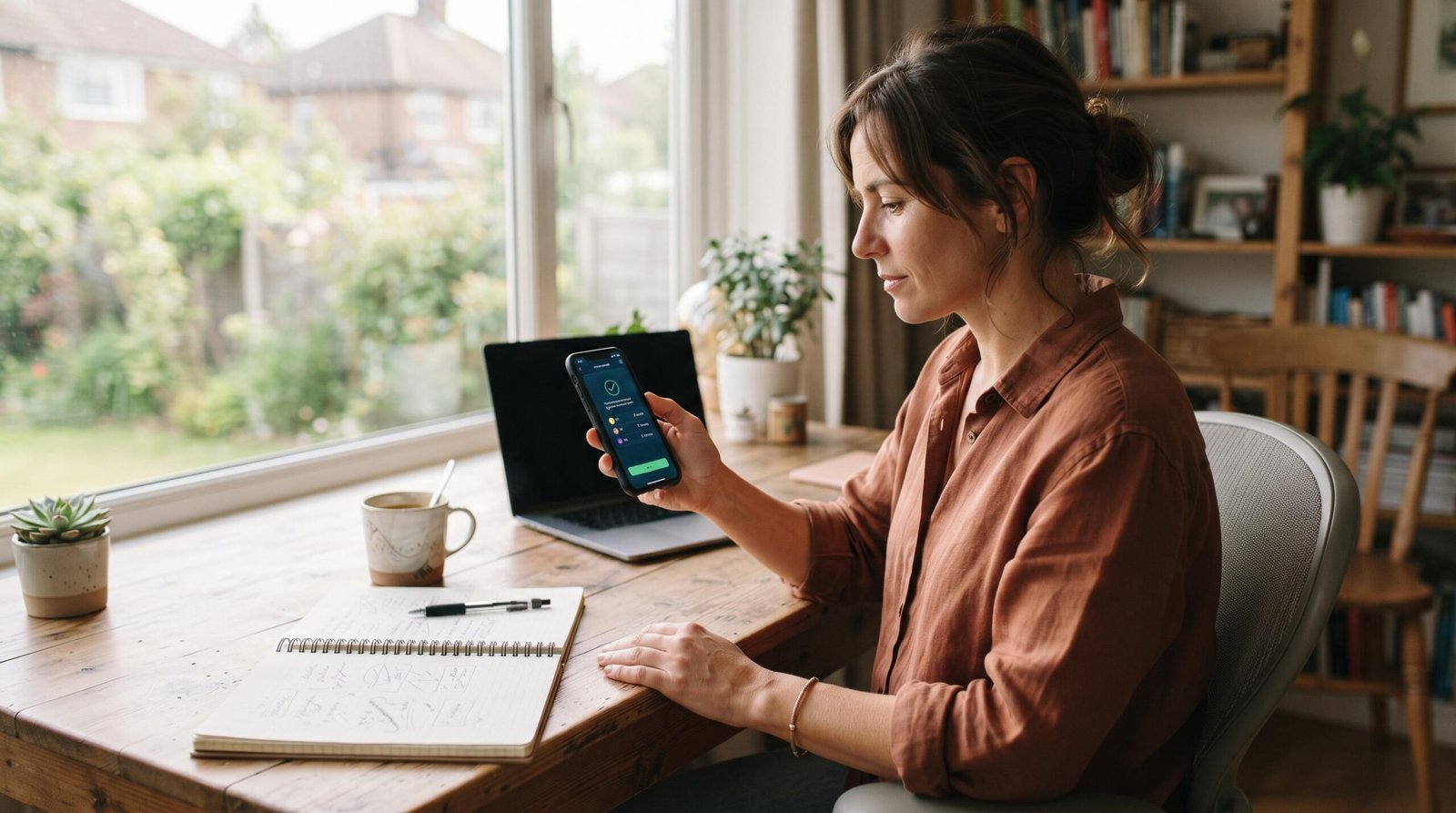 Cómo cobrar en dólares siendo freelancer en México: guía con apps, costos y tips fiscales 1 Persona revisando notificaciones de pago internacional en su teléfono mientras trabaja en un home office iluminado con luz natural, café sobre la mesa