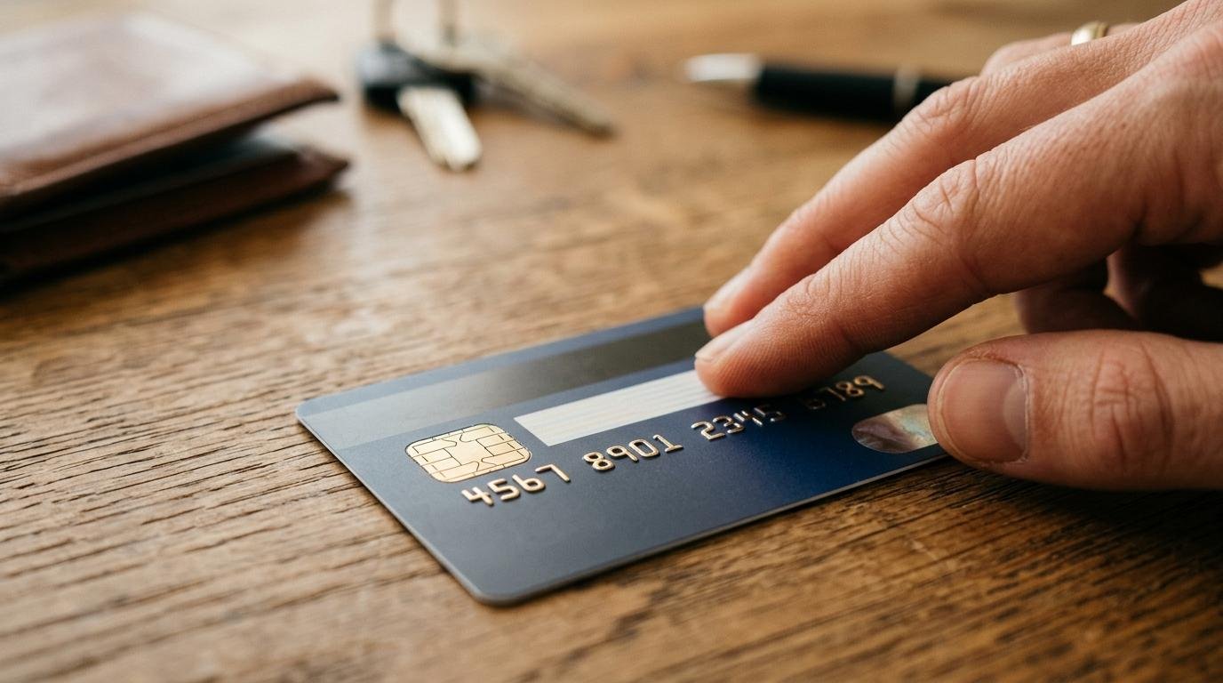Cómo reforzar la seguridad de tu tarjeta paso a paso para prevenir fraudes 2 Primer plano de una tarjeta con chip visible sobre una superficie de madera, con los dedos de una persona cubriendo discretamente el código de segurid