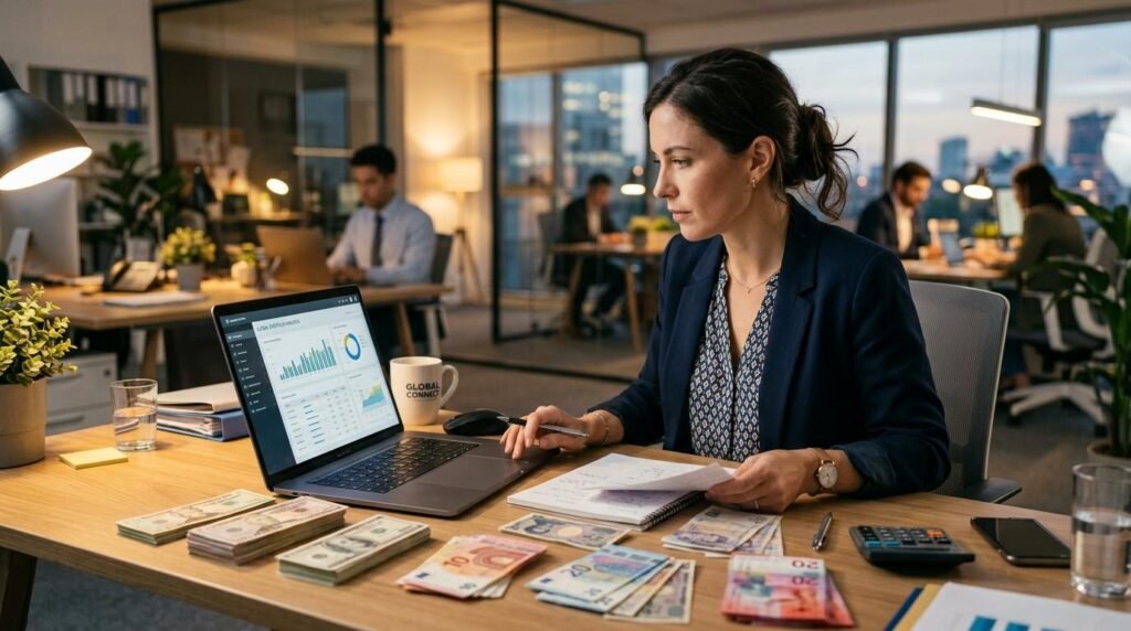 Persona revisando información en una laptop con billetes de diferentes divisas sobre un escritorio moderno, iluminación cálida y ambiente profesional