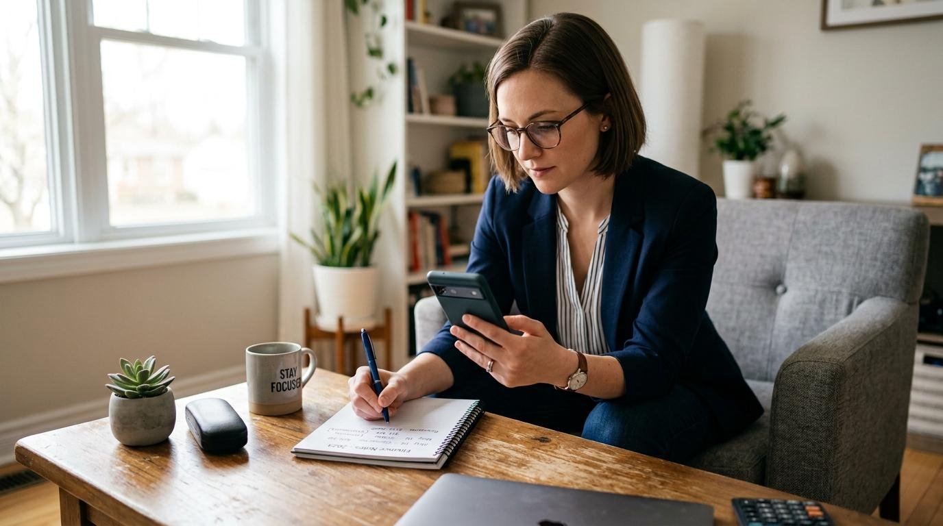 Una persona revisa atentamente su estado de cuenta bancario en una pantalla de smartphone mientras anota detalles en un cuaderno sobre una mesa de café
