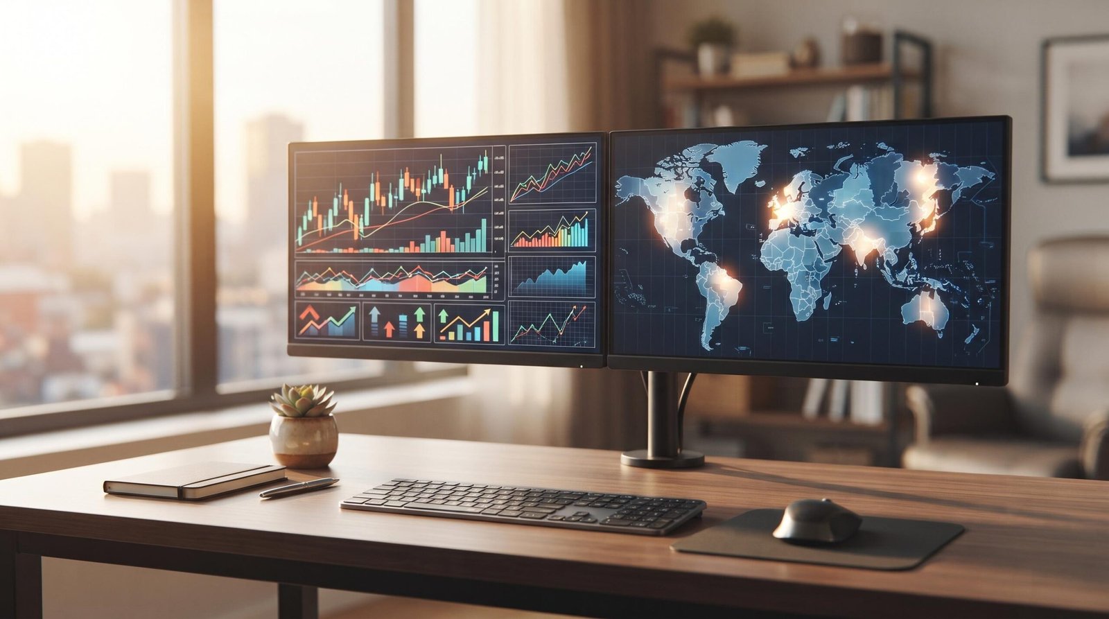 Mejor momento del día para cambiar divisas y aprovechar el tipo de cambio 1 Un escritorio de trabajo limpio con dos pantallas de computadora mostrando gráficos financieros globales y un mapa mundi con zonas horarias resaltadas
