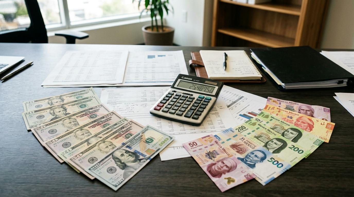 Billetes de dólares estadounidenses y pesos mexicanos sobre una superficie de trabajo profesional, acompañados de documentos contables y una calculado